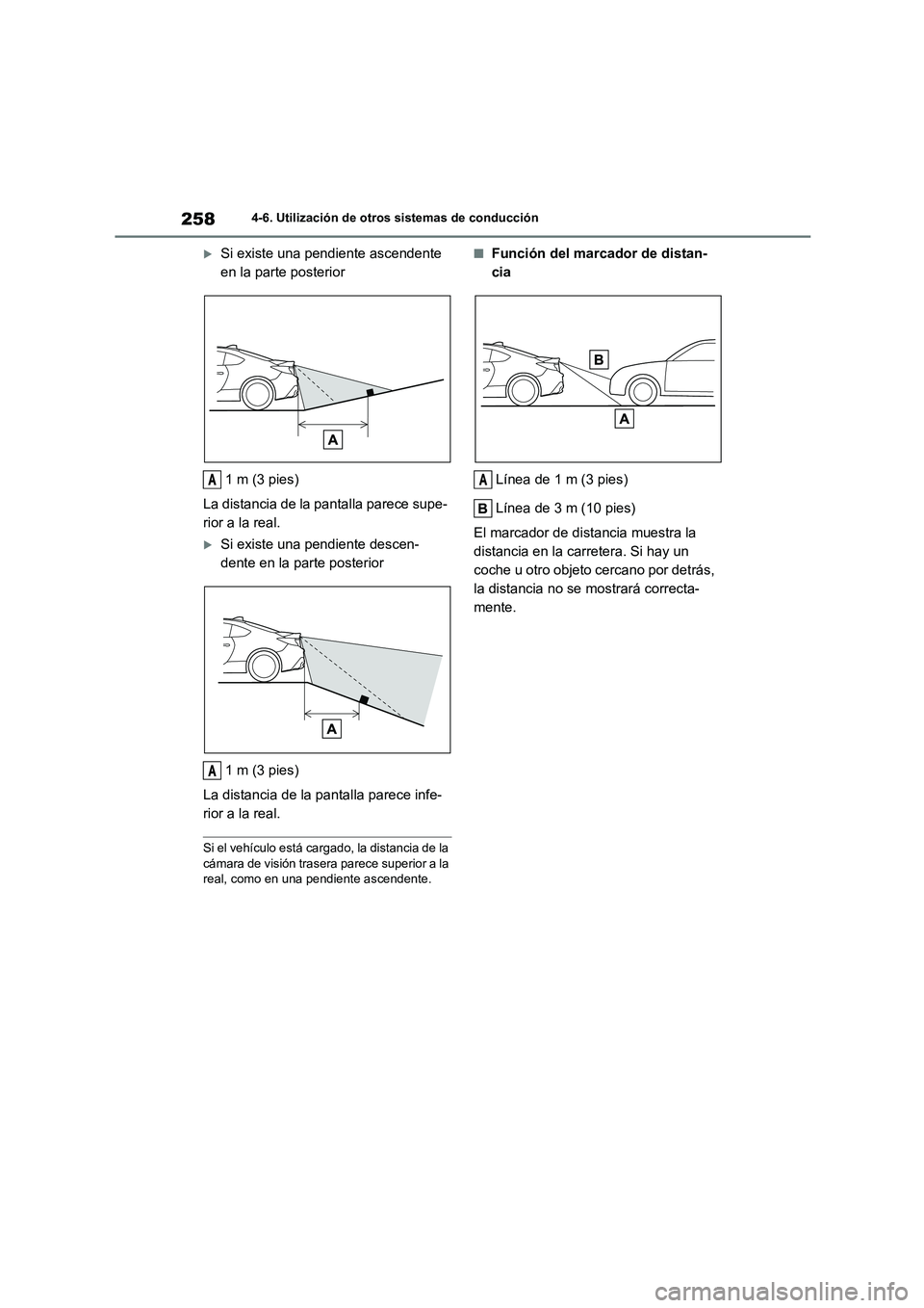 TOYOTA GR86 2022  Manuale de Empleo (in Spanish) 2584-6. Utilización de otros sistemas de conducción
Si existe una pendiente ascendente  
en la parte posterior 
1 m (3 pies) 
La distancia de la pantalla parece supe- 
rior a la real.
Si exist