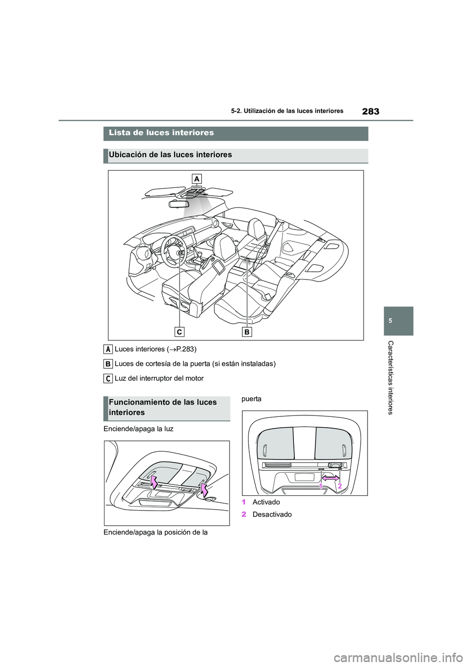 TOYOTA GR86 2022  Manuale de Empleo (in Spanish) 283
5 
5-2. Utilización de las luces interiores
Características interiores
5-2.Utilización de las luces interiores
Luces interiores ( P.283) 
Luces de cortesía de la puerta (si están instalada