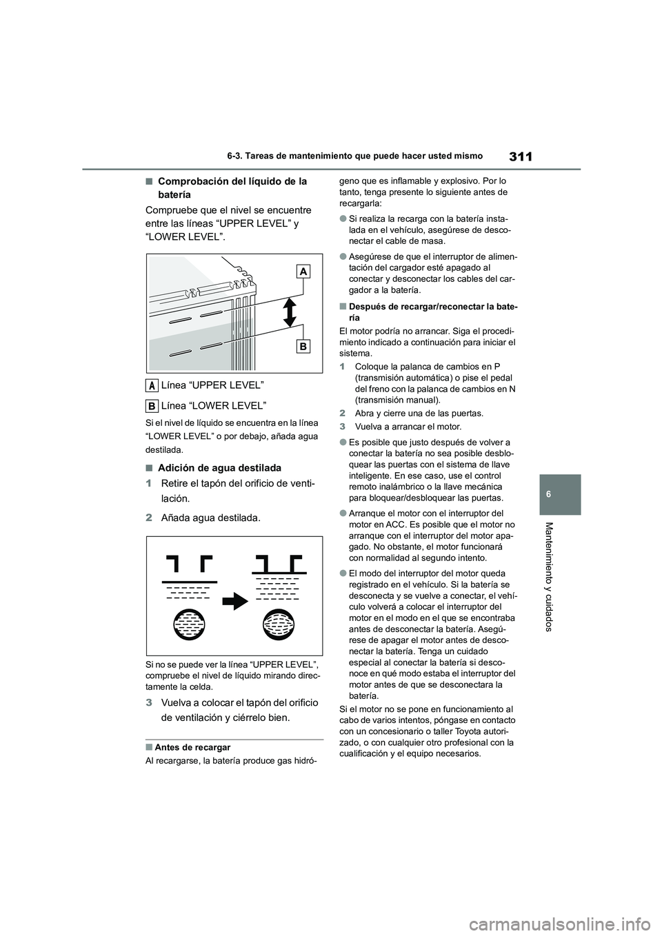 TOYOTA GR86 2022  Manuale de Empleo (in Spanish) 311
6 
6-3. Tareas de mantenimiento que puede hacer usted mismo
Mantenimiento y cuidados
■Comprobación del líquido de la  
batería 
Compruebe que el nivel se encuentre  
entre las líneas “UPPE