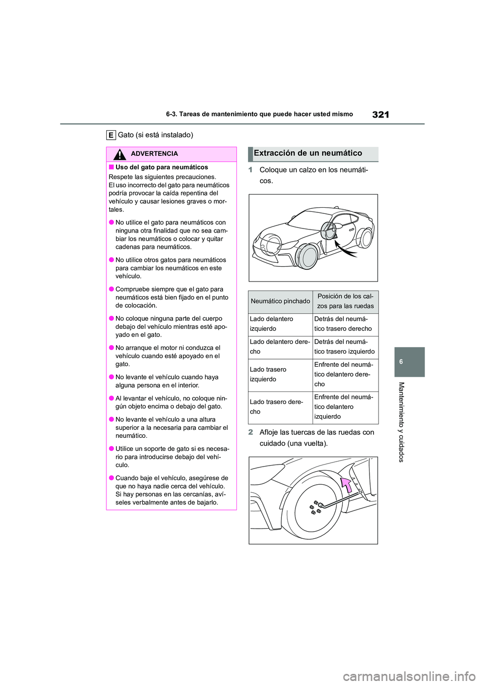 TOYOTA GR86 2022  Manuale de Empleo (in Spanish) 321
6 
6-3. Tareas de mantenimiento que puede hacer usted mismo
Mantenimiento y cuidados
Gato (si está instalado) 
1 Coloque un calzo en los neumáti- 
cos. 
2 Afloje las tuercas de las ruedas con  
