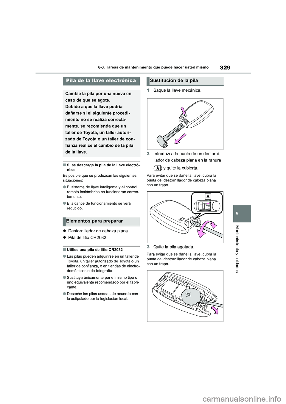 TOYOTA GR86 2022  Manuale de Empleo (in Spanish) 329
6 
6-3. Tareas de mantenimiento que puede hacer usted mismo
Mantenimiento y cuidados
■Si se descarga la pila de la llave electró- nica 
Es posible que se produzcan las siguientes  
situaciones: