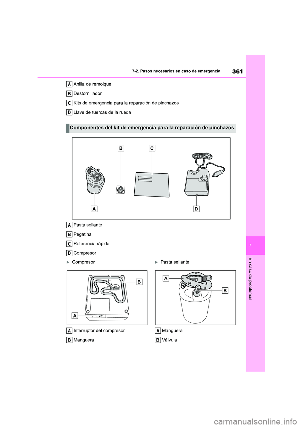 TOYOTA GR86 2022  Manuale de Empleo (in Spanish) 361
7 
7-2. Pasos necesarios en caso de emergencia
En caso de problemas
Anilla de remolque 
Destornillador 
Kits de emergencia para la reparación de pinchazos 
Llave de tuercas de la rueda 
Pasta sel