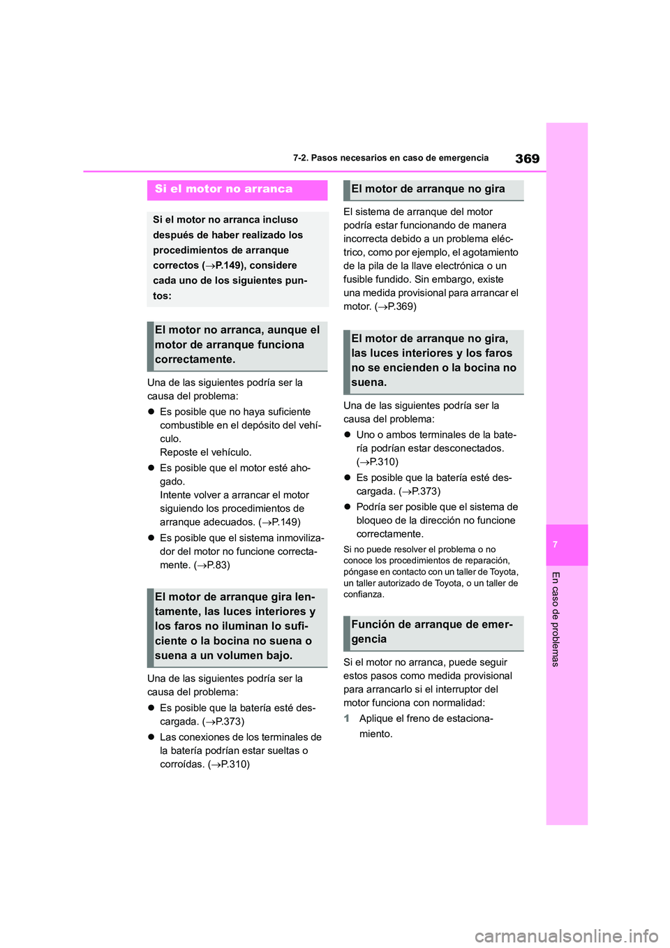 TOYOTA GR86 2022  Manuale de Empleo (in Spanish) 369
7 
7-2. Pasos necesarios en caso de emergencia
En caso de problemas
Una de las siguientes podría ser la  
causa del problema: 
 Es posible que no haya suficiente  
combustible en el depósito 