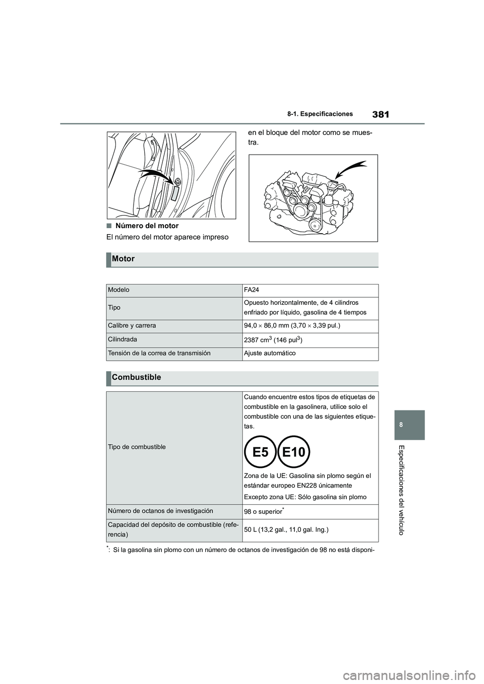 TOYOTA GR86 2022  Manuale de Empleo (in Spanish) 381
8 
8-1. Especificaciones
Especificaciones del vehículo
■Número del motor 
El número del motor aparece impreso  
en el bloque del motor como se mues- 
tra.
*: Si la gasolina sin plomo con un n