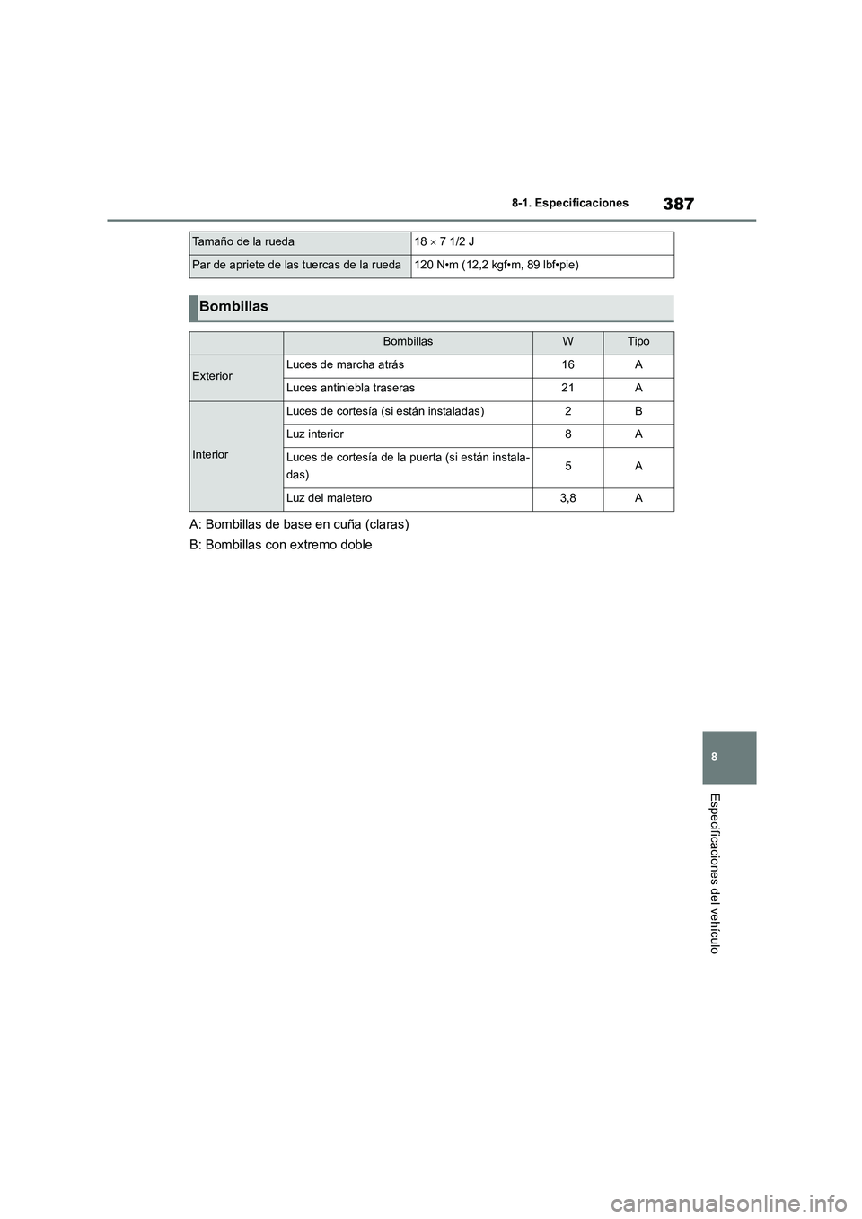 TOYOTA GR86 2022  Manuale de Empleo (in Spanish) 387
8 
8-1. Especificaciones
Especificaciones del vehículo
A: Bombillas de base en cuña (claras) 
B: Bombillas con extremo doble
Tamaño de la rueda18   7 1/2 J
Par de apriete de las tuercas de l
