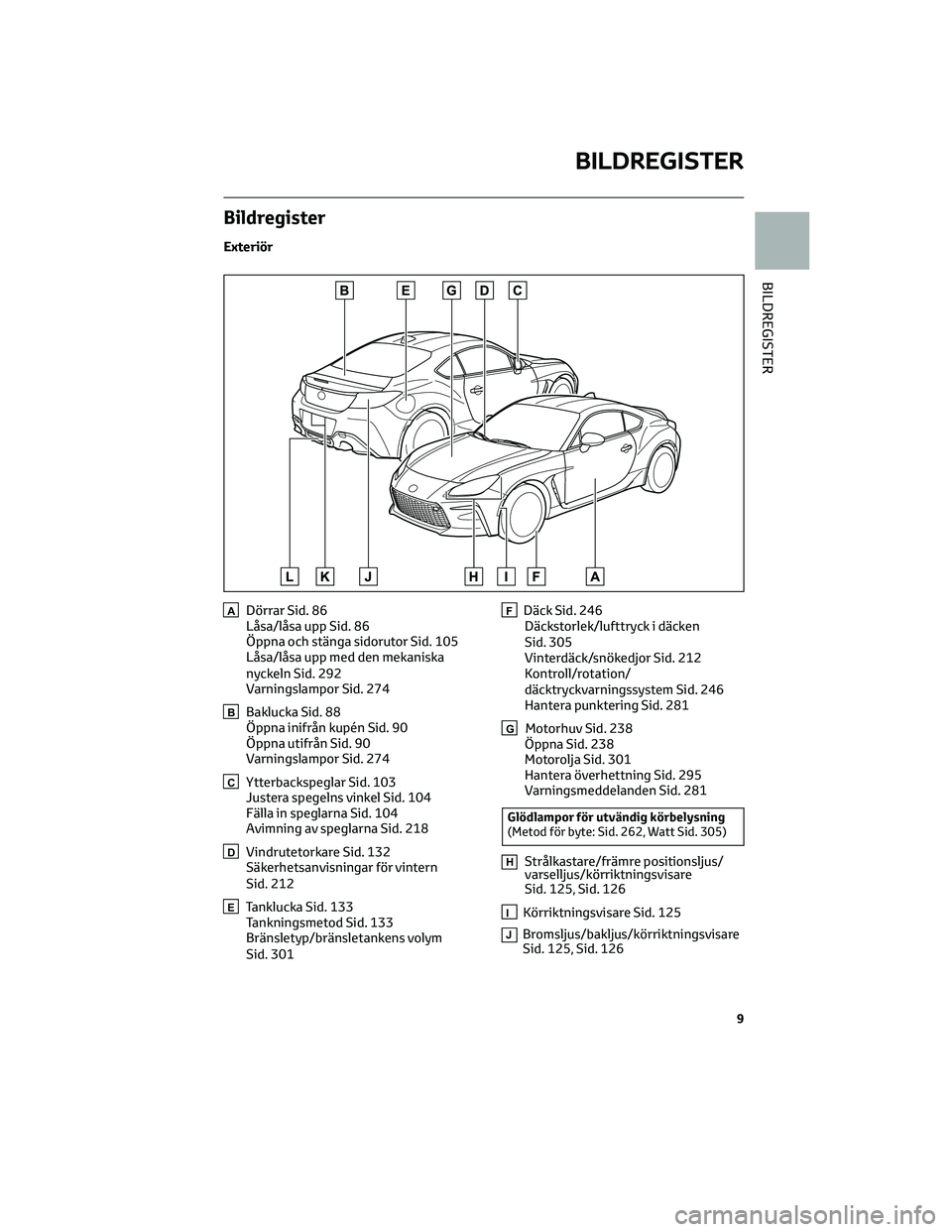 TOYOTA GR86 2022 Bruksanvisningar (in Swedish) Bildregister
Exteriör
ADörrar Sid. 86
Låsa/låsa upp Sid. 86
Öppna och stänga sidorutor Sid. 105
Låsa/låsa upp med den mekaniska
nyckeln Sid. 292
Varningslampor Sid. 274
BBaklucka Sid. 88
Öppn TOYOTA GR86 2022 Bruksanvisningar (in Swedish) Bildregister
Exteriör
ADörrar Sid. 86
Låsa/låsa upp Sid. 86
Öppna och stänga sidorutor Sid. 105
Låsa/låsa upp med den mekaniska
nyckeln Sid. 292
Varningslampor Sid. 274
BBaklucka Sid. 88
Öppn