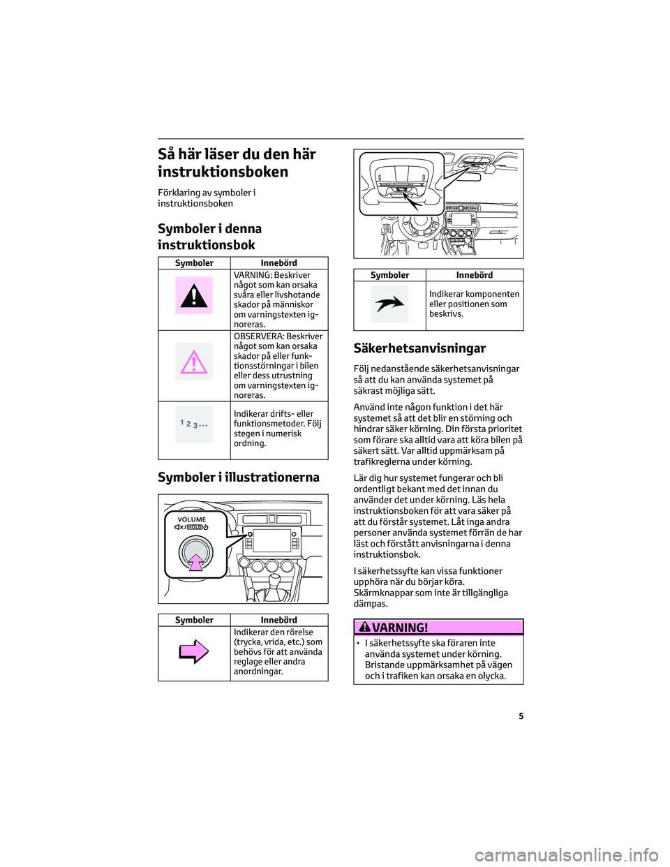 TOYOTA GR86 2022 Bruksanvisningar (in Swedish) Så här läser du den här
instruktionsboken
Förklaring av symboler i
instruktionsboken
Symboler i denna
instruktionsbok
Symboler Innebörd
VARNING: Beskriver
något som kan orsaka
svåra eller livs TOYOTA GR86 2022 Bruksanvisningar (in Swedish) Så här läser du den här
instruktionsboken
Förklaring av symboler i
instruktionsboken
Symboler i denna
instruktionsbok
Symboler Innebörd
VARNING: Beskriver
något som kan orsaka
svåra eller livs