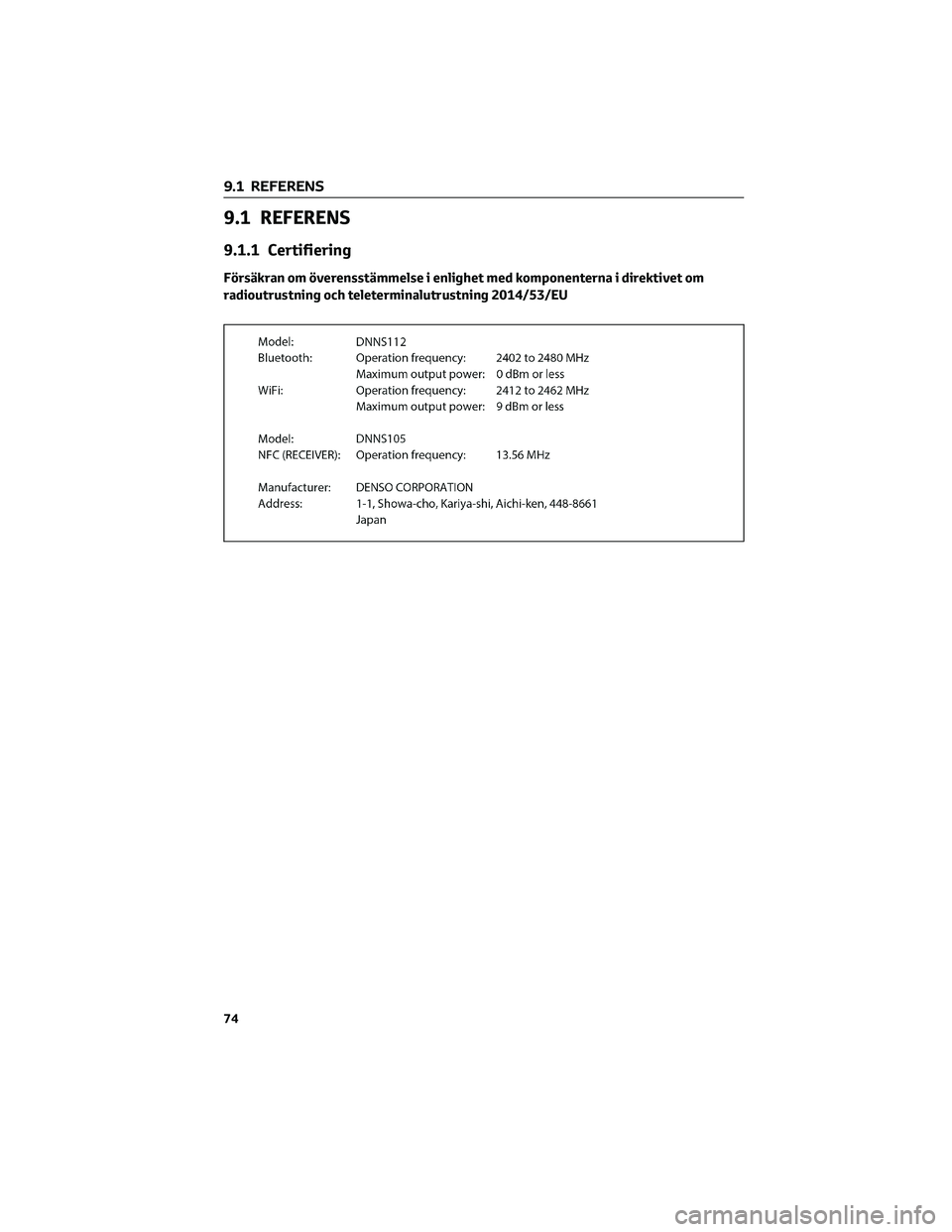 TOYOTA GR86 2022  Bruksanvisningar (in Swedish) 9.1 REFERENS
9.1.1 Certifiering
Försäkran om överensstämmelse i enlighet med komponenterna i direktivet om
radioutrustning och teleterminalutrustning 2014/53/EU
9.1 REFERENS
74 