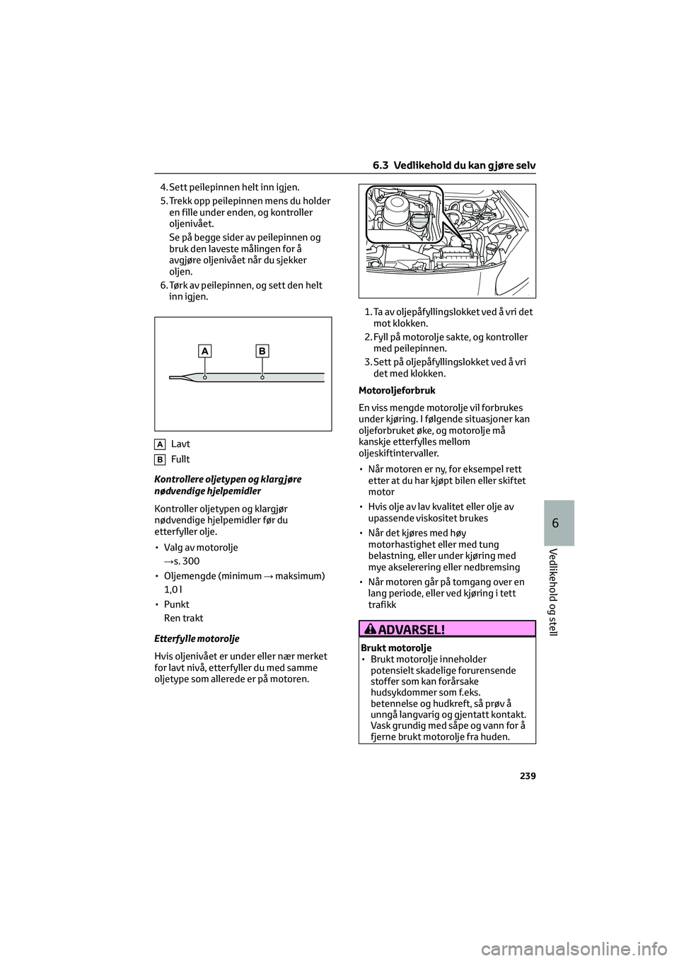 TOYOTA GR86 2022  Instruksjoner for bruk (in Norwegian) 4. Sett peilepinnen helt inn igjen.
5. Trekk opp peilepinnen mens du holder
en fille under enden, og kontroller
oljenivået.
Se på begge sider av peilepinnen og
bruk den laveste målingen for å
avgj