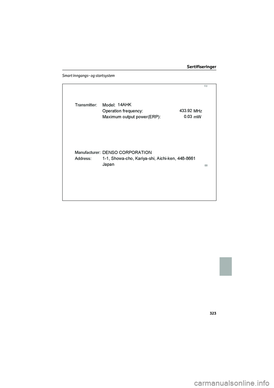 TOYOTA GR86 2022  Instruksjoner for bruk (in Norwegian) Smart inngangs- og startsystem
Sertifiseringer
323 