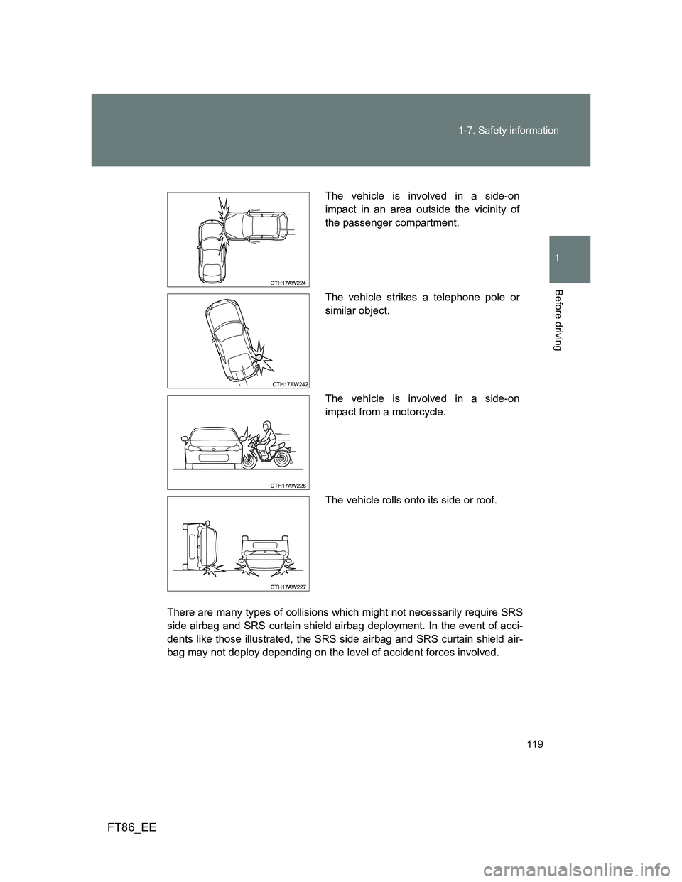 TOYOTA GT86 2014  Owners Manual (in English) 119 1-7. Safety information
1
Before driving
FT86_EE
There are many types of collisions which might not necessarily require SRS
side airbag and SRS curtain shield airbag deployment. In the event of ac
