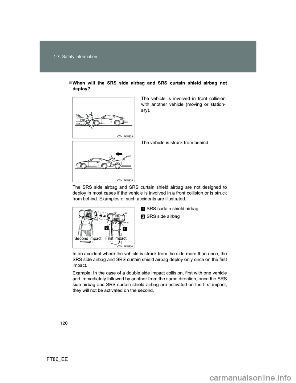 TOYOTA GT86 2014  Owners Manual (in English) 120 1-7. Safety information
FT86_EE
When will the SRS side airbag and SRS curtain shield airbag not
deploy?
The SRS side airbag and SRS curtain shield airbag are not designed to
deploy in most case