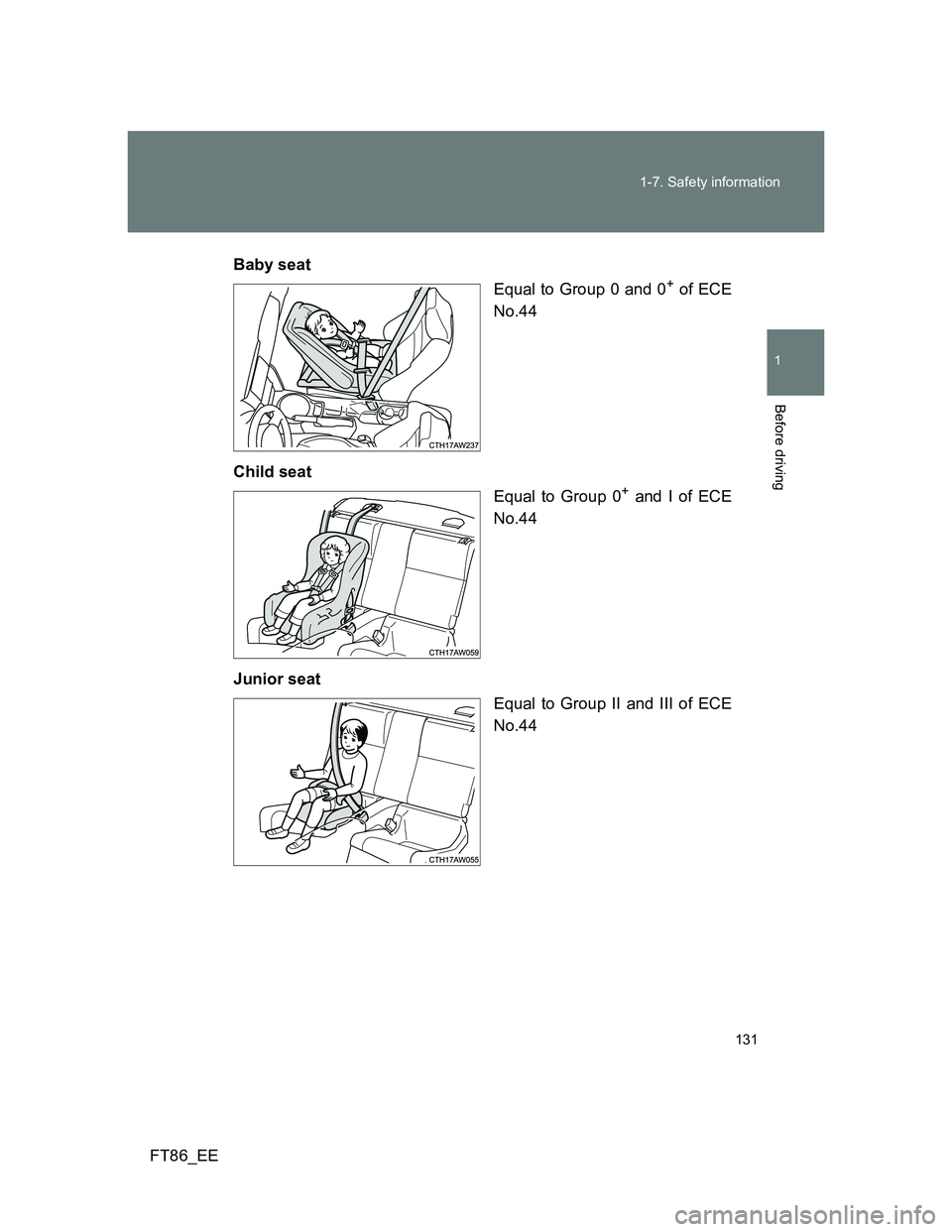 TOYOTA GT86 2014  Owners Manual (in English) 131 1-7. Safety information
1
Before driving
FT86_EEBaby seat
Equal to Group 0 and 0
+ of ECE
No.44
Child seat
Equal to Group 0
+ and I of ECE
No.44
Junior seat
Equal to Group II and III of ECE
No.44 