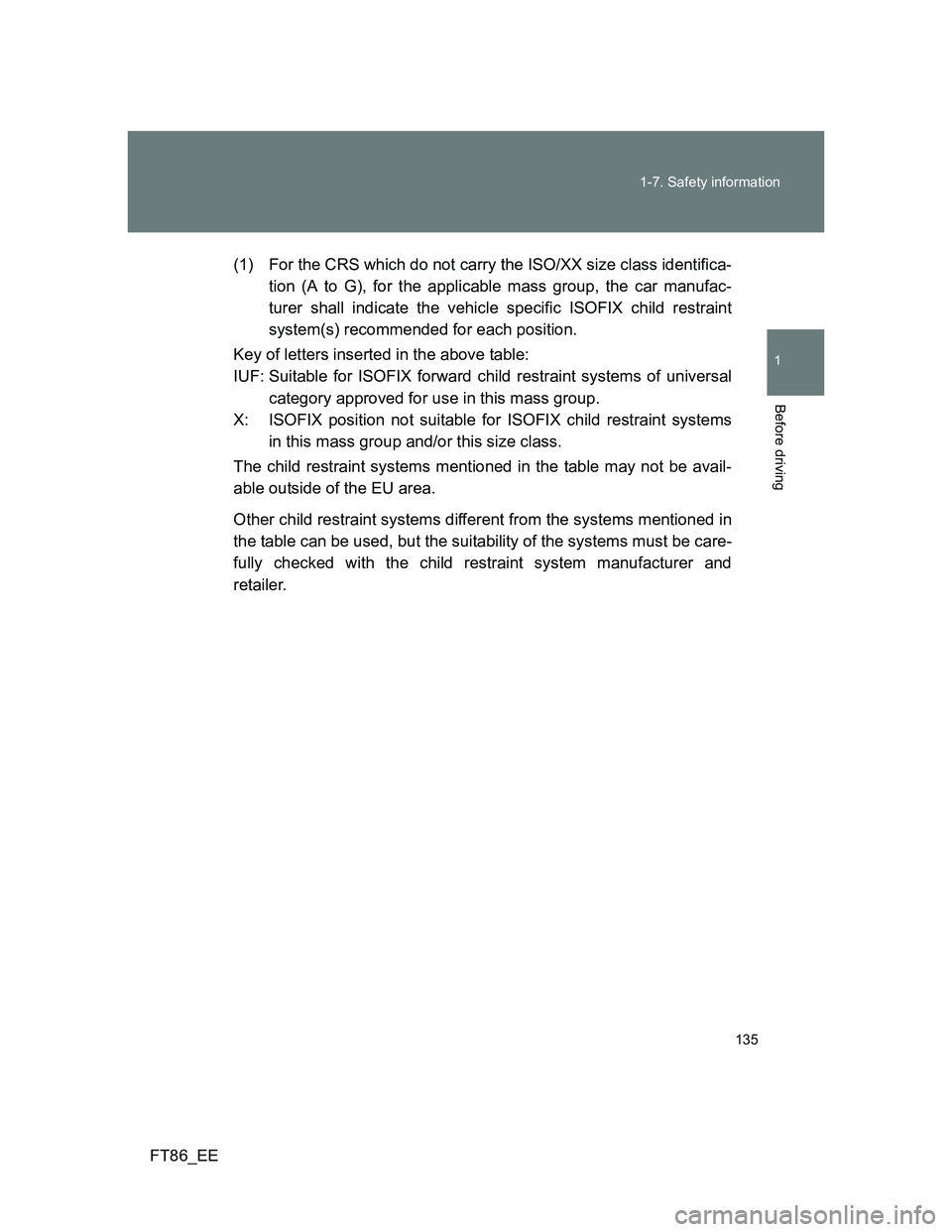 TOYOTA GT86 2014  Owners Manual (in English) 135 1-7. Safety information
1
Before driving
FT86_EE(1) For the CRS which do not carry the ISO/XX size class identifica-
tion (A to G), for the applicable mass group, the car manufac-
turer shall indi