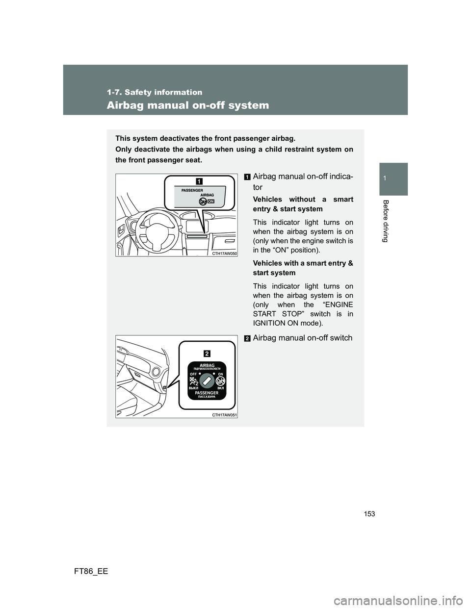 TOYOTA GT86 2014  Owners Manual (in English) 153
1
1-7. Safety information
Before driving
FT86_EE
Airbag manual on-off system
This system deactivates the front passenger airbag. 
Only deactivate the airbags when using a child restraint system on