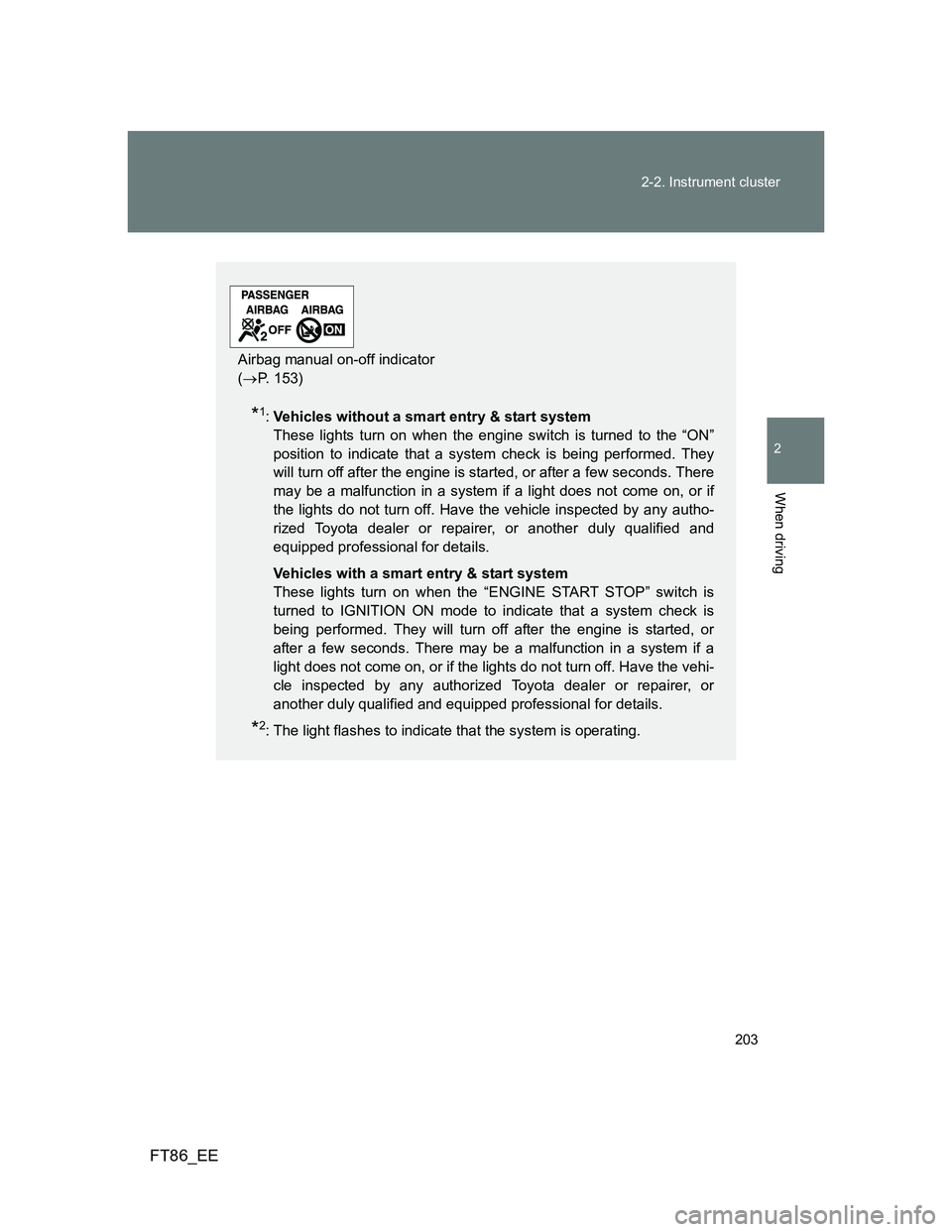 TOYOTA GT86 2014 Owners Manual (in English) 203 2-2. Instrument cluster
2
When driving
FT86_EE
*1:Vehicles without a smart entry & start system
These lights turn on when the engine switch is turned to the “ON”
position to indicate that a s TOYOTA GT86 2014 Owners Manual (in English) 203 2-2. Instrument cluster
2
When driving
FT86_EE
*1:Vehicles without a smart entry & start system
These lights turn on when the engine switch is turned to the “ON”
position to indicate that a s