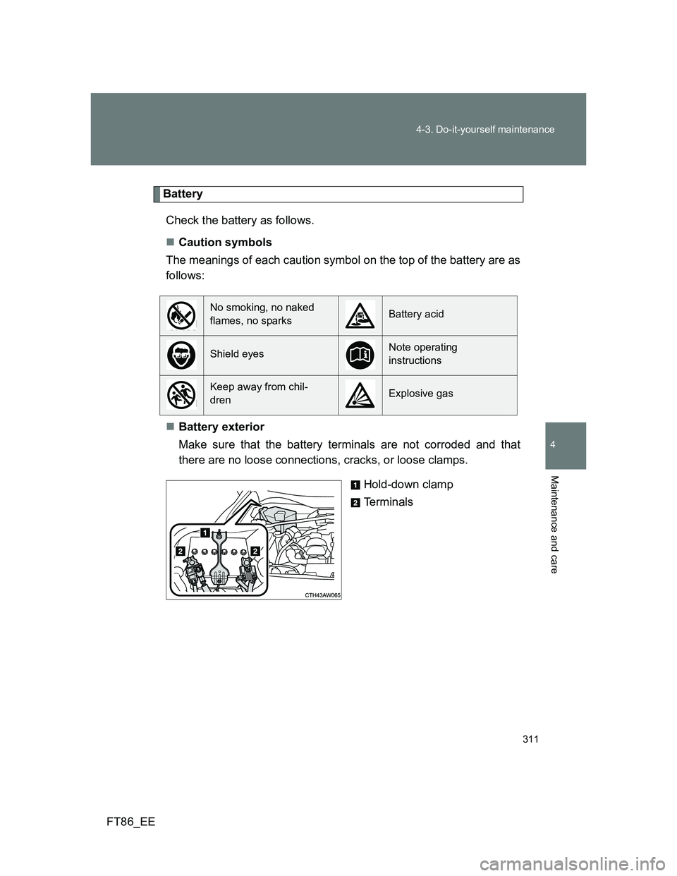 TOYOTA GT86 2014  Owners Manual (in English) 311 4-3. Do-it-yourself maintenance
4
Maintenance and care
FT86_EE
Battery
Check the battery as follows.
Caution symbols
The meanings of each caution symbol on the top of the battery are as
follows