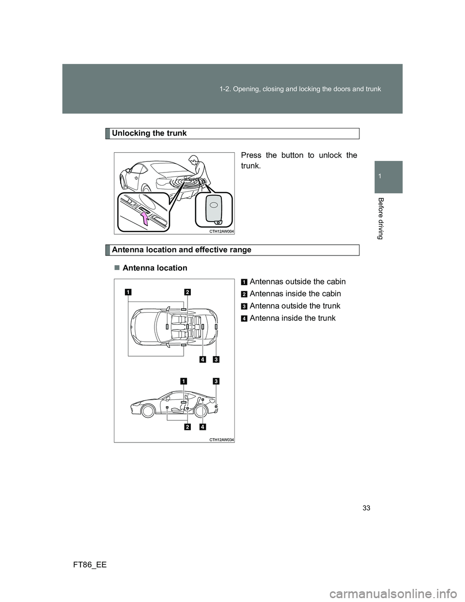 TOYOTA GT86 2014  Owners Manual (in English) 33 1-2. Opening, closing and locking the doors and trunk
1
Before driving
FT86_EE
Unlocking the trunk
Press the button to unlock the
trunk.
Antenna location and effective range
Antenna location
Ant
