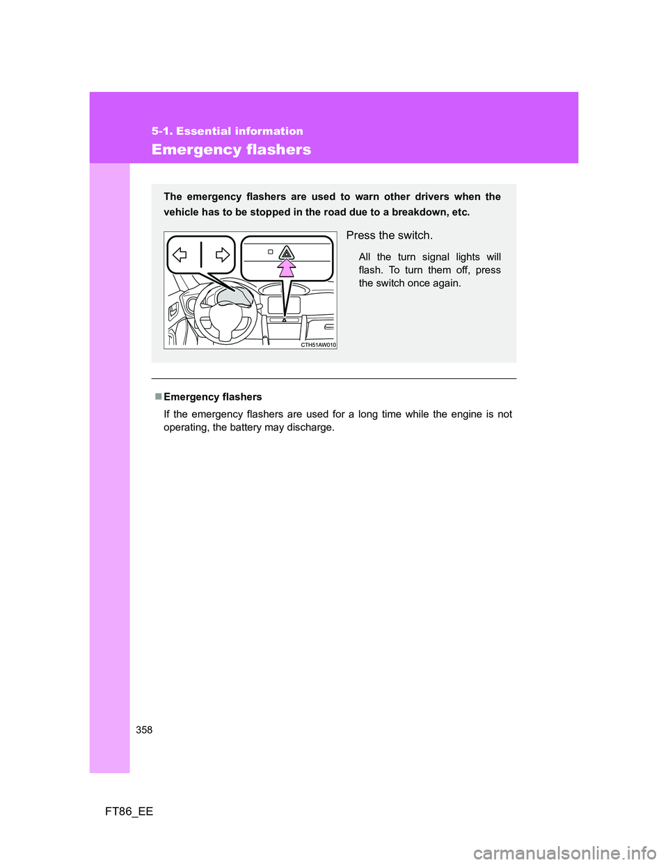 TOYOTA GT86 2014  Owners Manual (in English) 358
FT86_EE
5-1. Essential information
Emergency flashers
Emergency flashers
If the emergency flashers are used for a long time while the engine is not
operating, the battery may discharge.
The eme