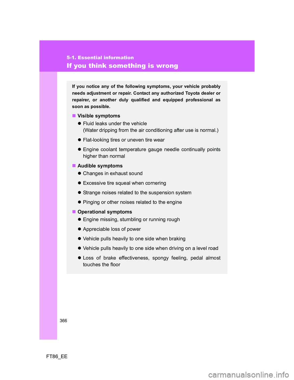 TOYOTA GT86 2014  Owners Manual (in English) 366
5-1. Essential information
FT86_EE
If you think something is wrong
If you notice any of the following symptoms, your vehicle probably
needs adjustment or repair. Contact any authorized Toyota deal