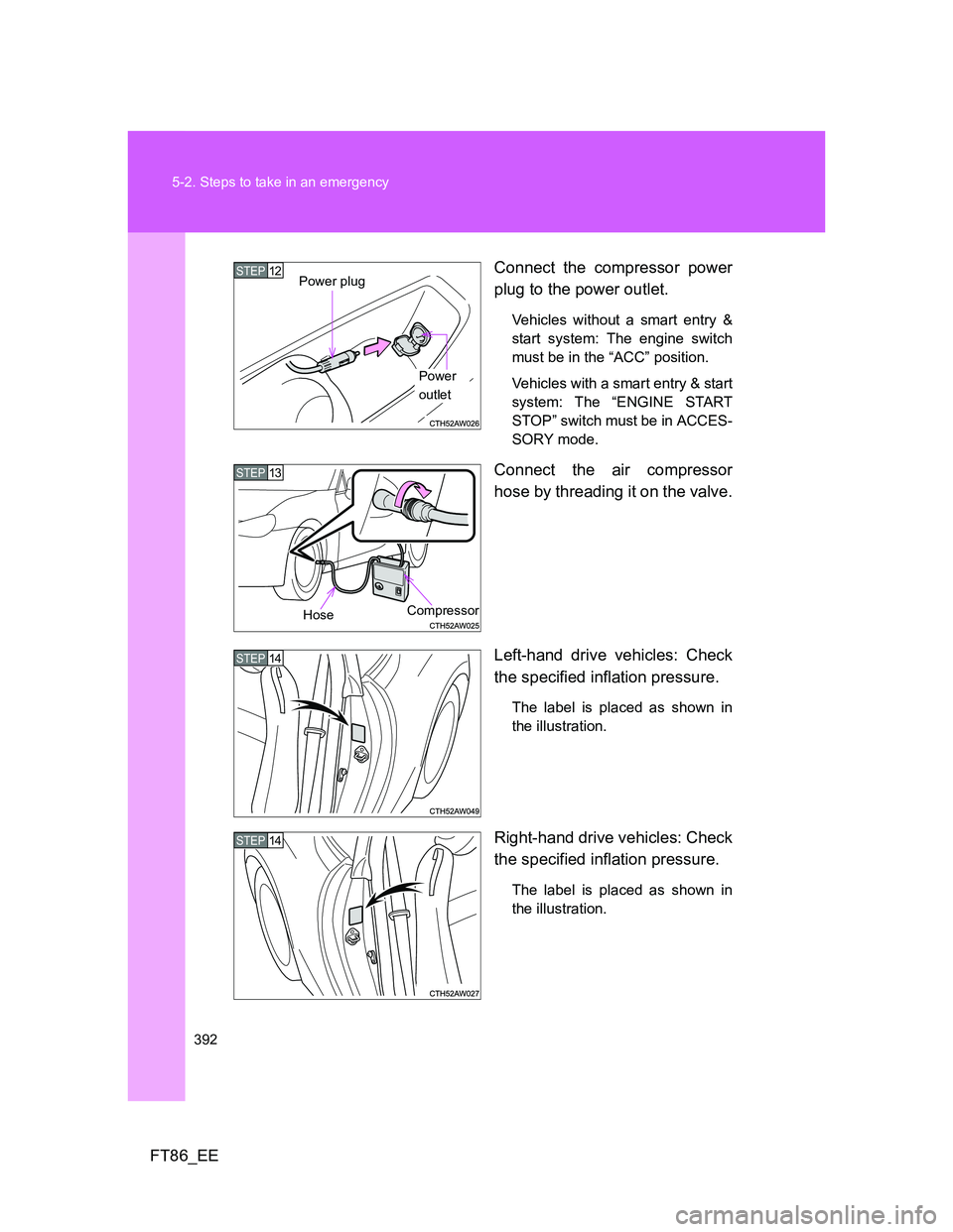 TOYOTA GT86 2014  Owners Manual (in English) 392 5-2. Steps to take in an emergency
FT86_EEConnect the compressor power
plug to the power outlet.
Vehicles without a smart entry &
start system: The engine switch
must be in the “ACC” position.