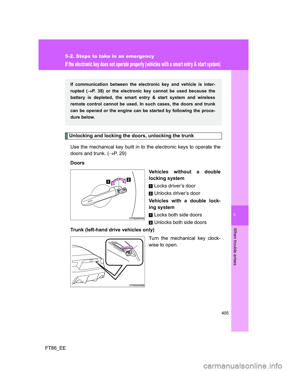TOYOTA GT86 2014  Owners Manual (in English) 5
405
5-2. Steps to take in an emergency
When trouble arises
FT86_EE
If the electronic key does not operate properly (vehicles with a smart entr y & start system)
Unlocking and locking the doors, unlo