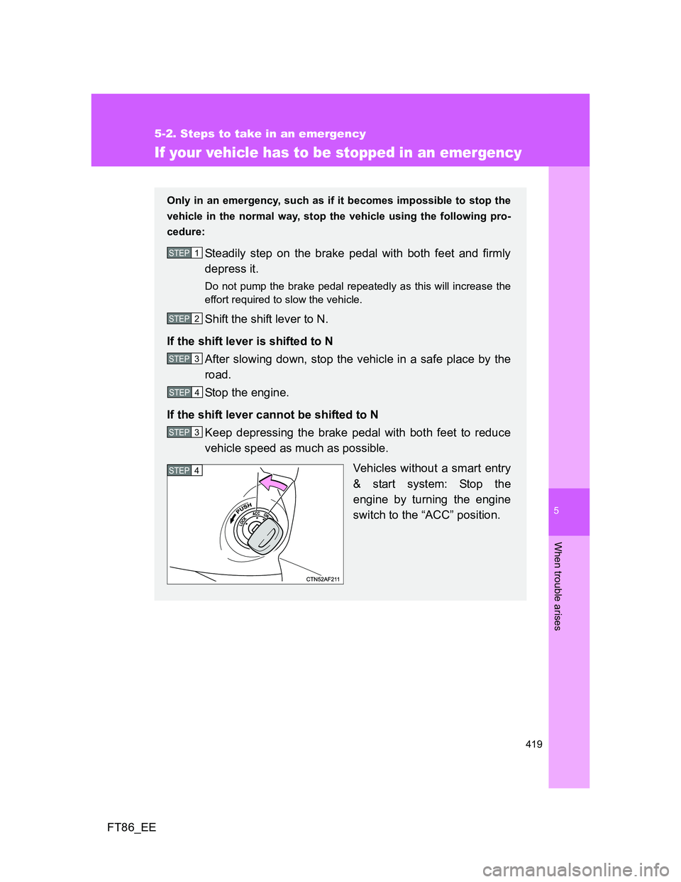 TOYOTA GT86 2014  Owners Manual (in English) 5
419
5-2. Steps to take in an emergency
When trouble arises
FT86_EE
If your vehicle has to be stopped in an emergency
Only in an emergency, such as if it becomes impossible to stop the
vehicle in the