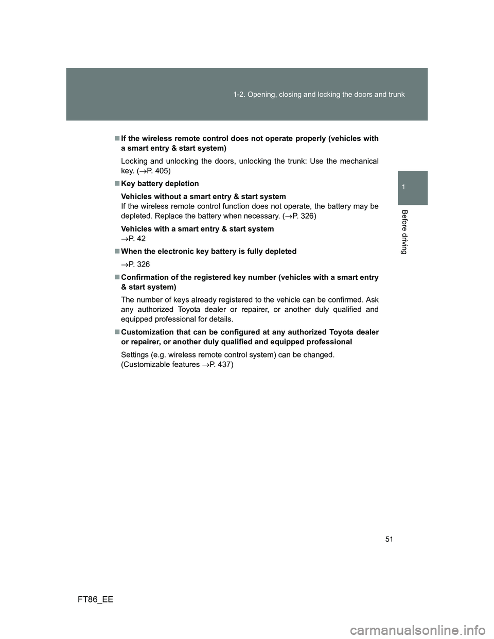 TOYOTA GT86 2014 Owners Manual (in English) 51 1-2. Opening, closing and locking the doors and trunk
1
Before driving
FT86_EE
If the wireless remote control does not operate properly (vehicles with
a smart entry & start system)
Locking and u TOYOTA GT86 2014 Owners Manual (in English) 51 1-2. Opening, closing and locking the doors and trunk
1
Before driving
FT86_EE
If the wireless remote control does not operate properly (vehicles with
a smart entry & start system)
Locking and u