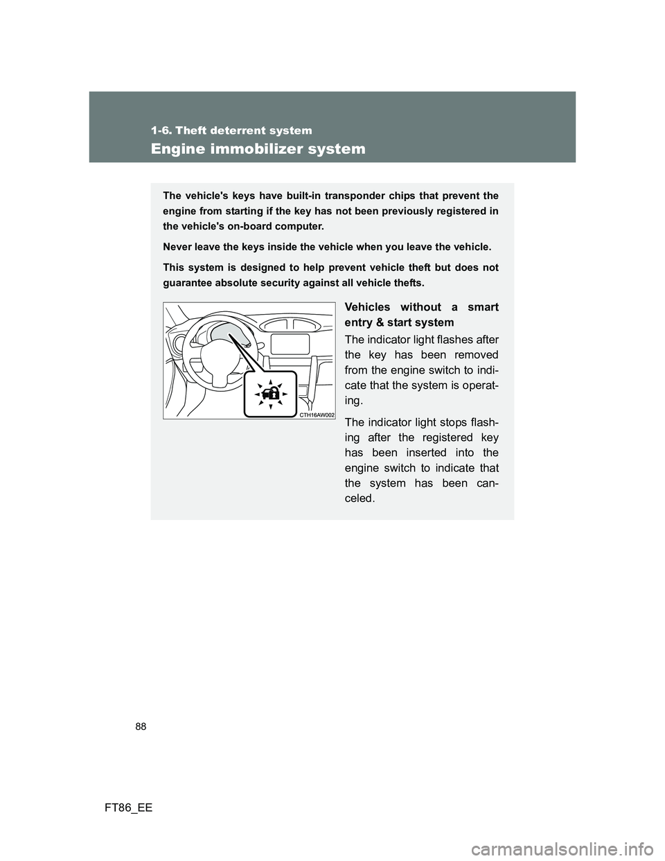 TOYOTA GT86 2014  Owners Manual (in English) 88
FT86_EE
1-6. Theft deterrent system
Engine immobilizer system
The vehicles keys have built-in transponder chips that prevent the
engine from starting if the key has not been previously registered 