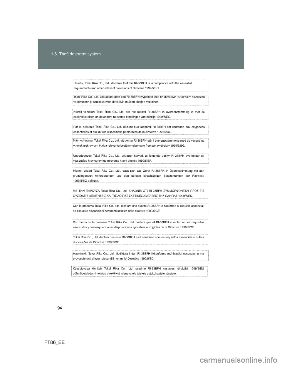TOYOTA GT86 2014  Owners Manual (in English) 94 1-6. Theft deterrent system
FT86_EE 