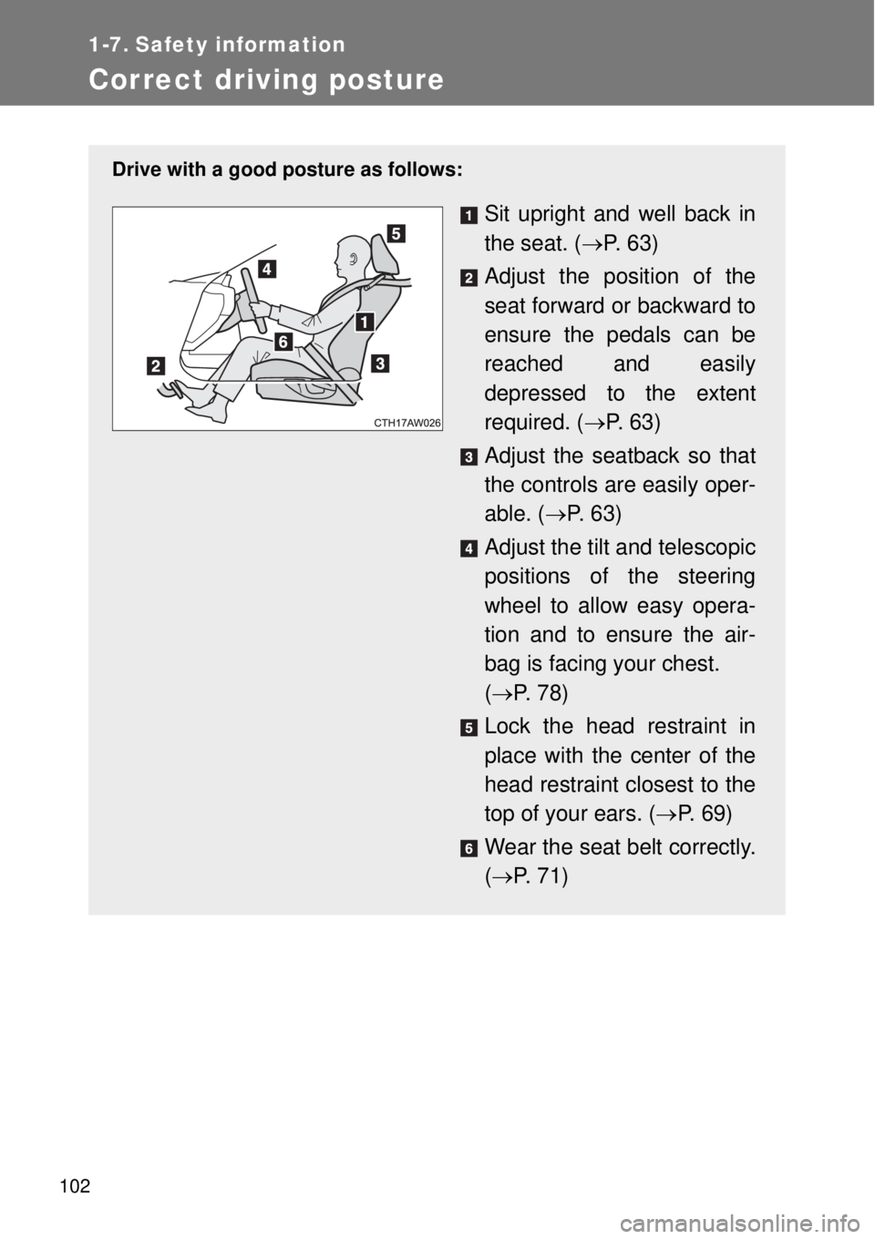 TOYOTA GT86 2015  Owners Manual (in English) 102
1-7. Safety information
Correct driving posture
Drive with a good posture as follows:
Sit upright and well back in
the seat. (P.  6 3 )
Adjust the position of the
seat forward or backward to
en