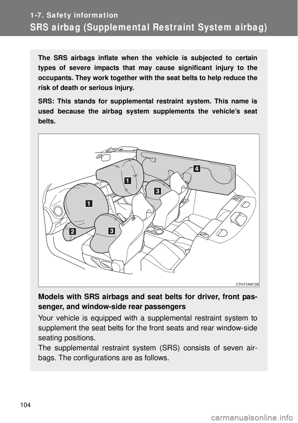 TOYOTA GT86 2015  Owners Manual (in English) 104
1-7. Safety information
SRS airbag (Supplemental Restraint System airbag)
The SRS airbags inflate when the vehicle is subjected to certain
types of severe impacts that may cause significant injury