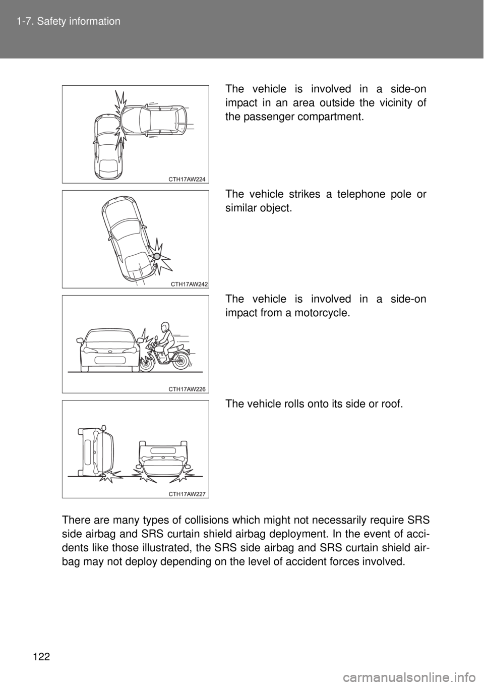 TOYOTA GT86 2015  Owners Manual (in English) 122 1-7. Safety information
There are many types of collisions which might not necessarily require SRS
side airbag and SRS curtain shield airbag deployment. In the event of acci-
dents like those illu