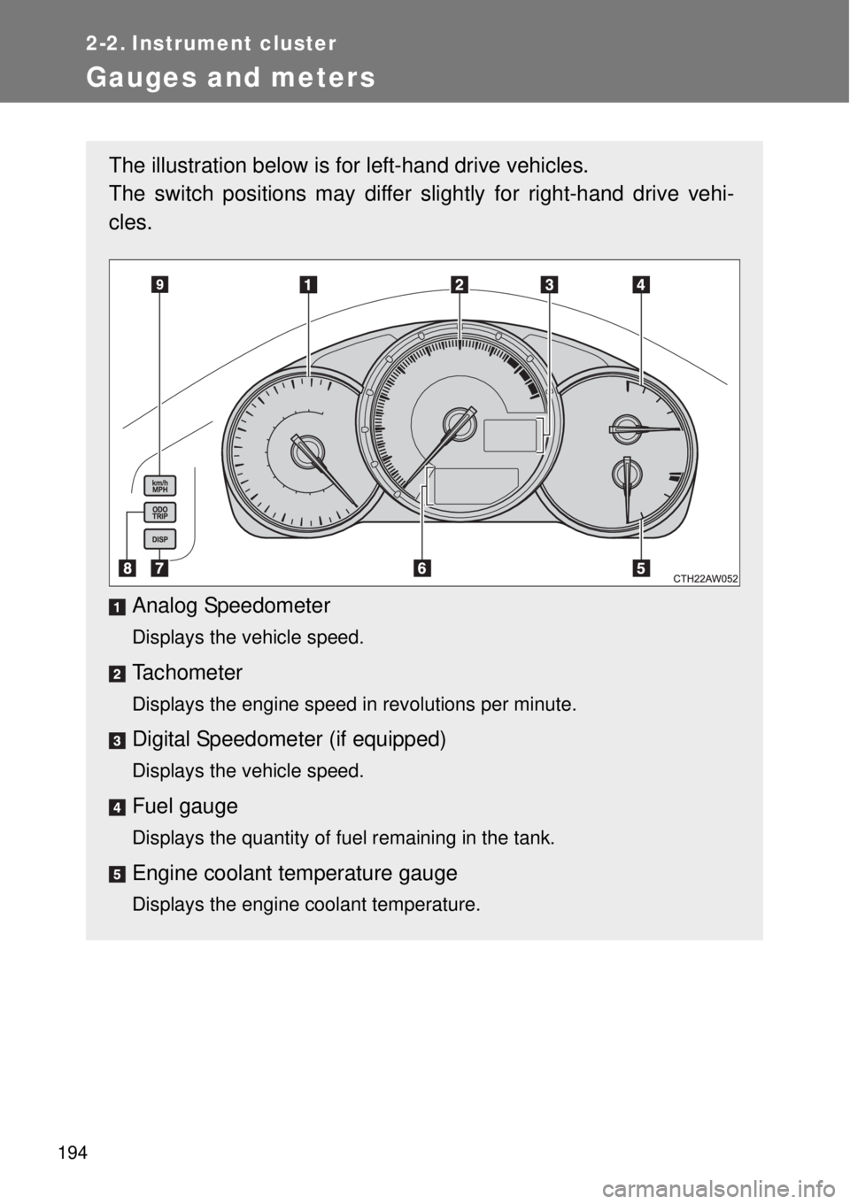 TOYOTA GT86 2015  Owners Manual (in English) 194
2-2. Instrument cluster
Gauges and meters
The illustration below is for left-hand drive vehicles. 
The switch positions may differ slightly for right-hand drive vehi-
cles.
Analog Speedometer
Disp
