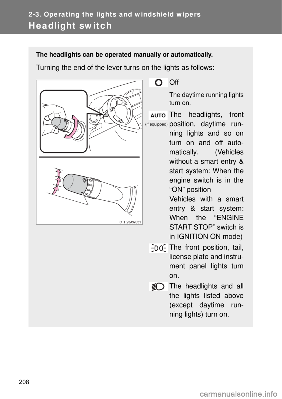TOYOTA GT86 2015  Owners Manual (in English) 208
2-3. Operating the lights and windshield wipers
Headlight switch
The headlights can be operated manually or automatically.
Turning the end of the lever turns on the lights as follows:
Off
The dayt