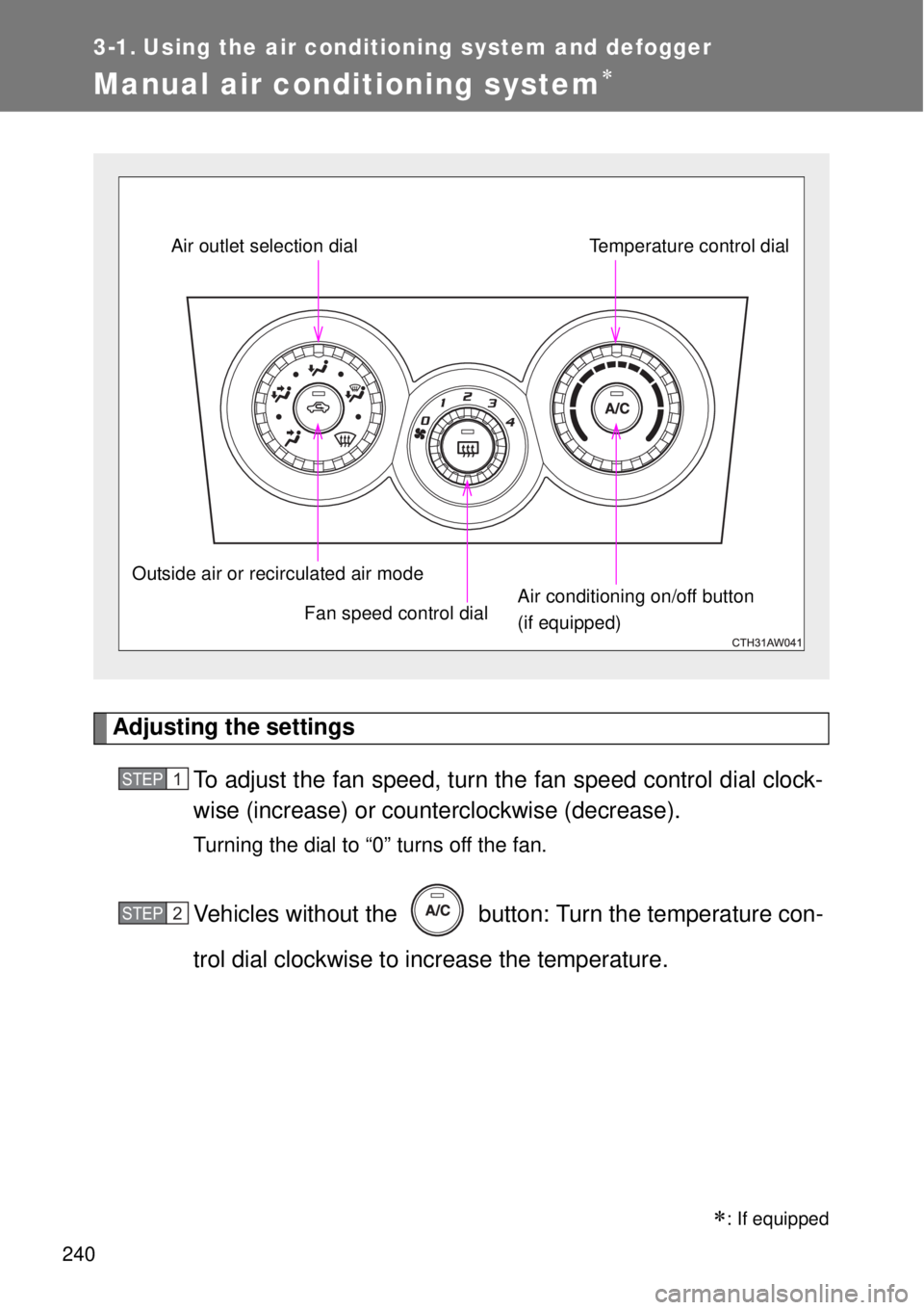 TOYOTA GT86 2015  Owners Manual (in English) 240
3-1. Using the air conditioning system and defogger
Manual air conditioning system
Adjusting the settings
To adjust the fan speed, turn the fan speed control dial clock-
wise (increase) or coun