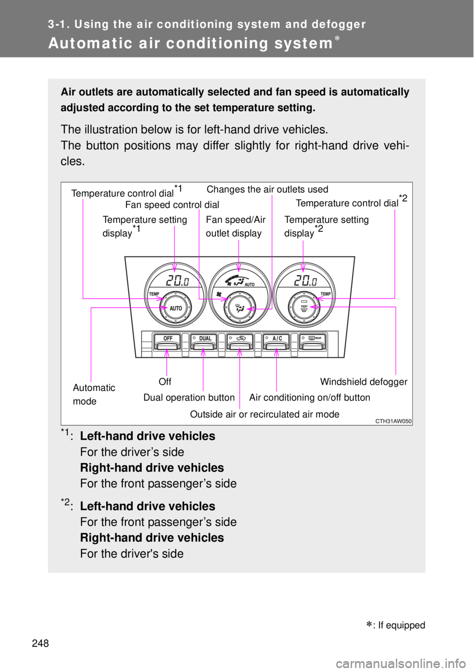 TOYOTA GT86 2015  Owners Manual (in English) 248
3-1. Using the air conditioning system and defogger
Automatic air conditioning system
Air outlets are automatically selected and fan speed is automatically
adjusted according to the set tempera