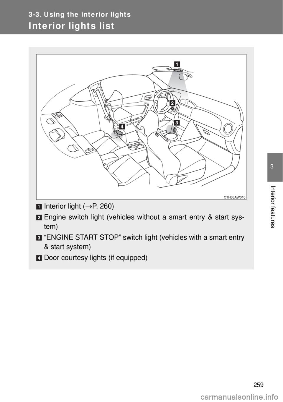 TOYOTA GT86 2015  Owners Manual (in English) 259
3
Interior features
3-3. Using the interior lights
Interior lights list
Interior light (P. 260)
Engine switch light (vehicles without a smart entry & start sys-
tem)
“ENGINE START STOP” swi