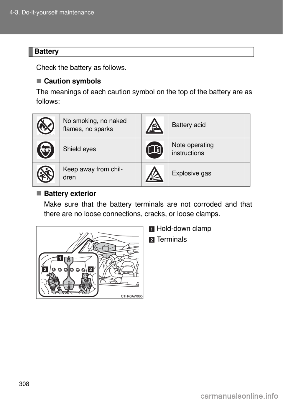TOYOTA GT86 2015  Owners Manual (in English) 308 4-3. Do-it-yourself maintenance
Battery
Check the battery as follows.
Caution symbols
The meanings of each caution symbol on the top of the battery are as
follows:
Battery exterior
Make sure