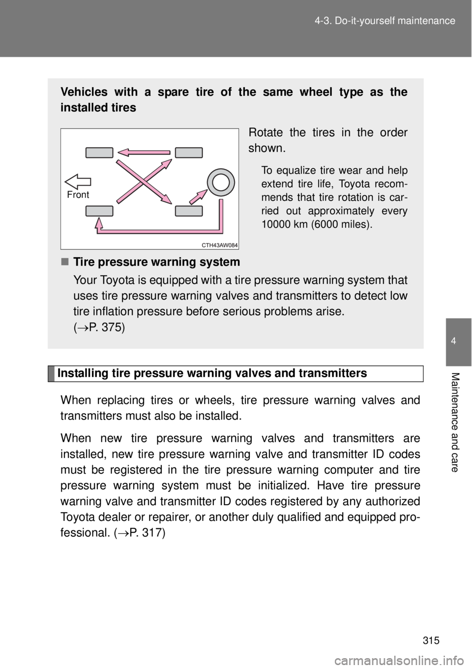 TOYOTA GT86 2015  Owners Manual (in English) 315 4-3. Do-it-yourself maintenance
4
Maintenance and careInstalling tire pressure warning valves and transmitters
When replacing tires or wheels, tire pressure warning valves and
transmitters must al