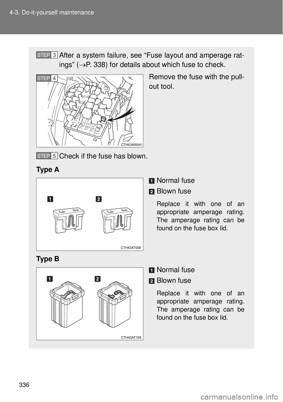 TOYOTA GT86 2015  Owners Manual (in English) 336 4-3. Do-it-yourself maintenance
After a system failure, see “Fuse layout and amperage rat-
ings” (P. 338) for details about which fuse to check.
Remove the fuse with the pull-
out tool.
Che