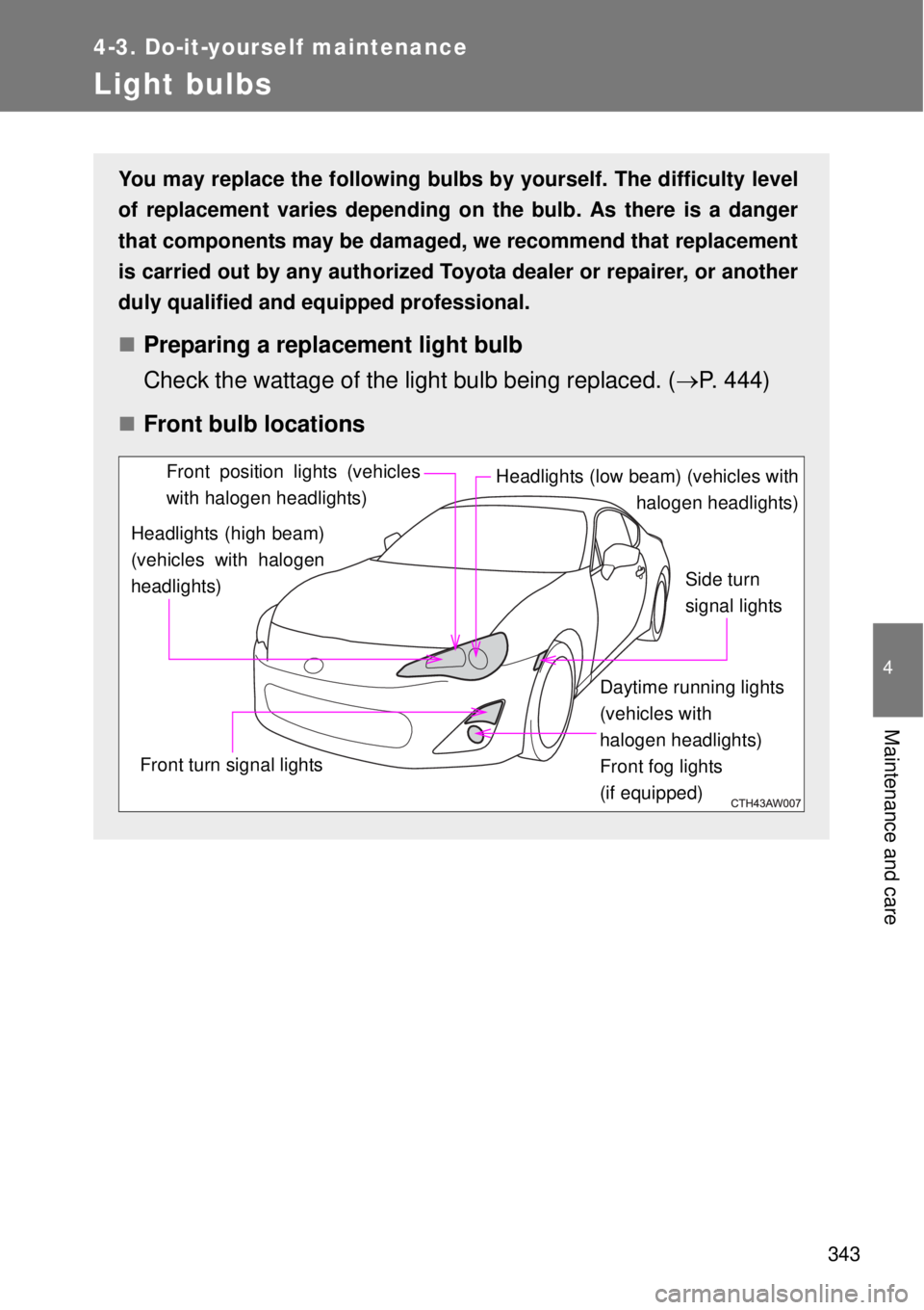 TOYOTA GT86 2015  Owners Manual (in English) 343
4-3. Do-it-yourself maintenance
4
Maintenance and care
Light bulbs
You may replace the following bulbs by yourself. The difficulty level
of replacement varies depending on the bulb. As there is a 