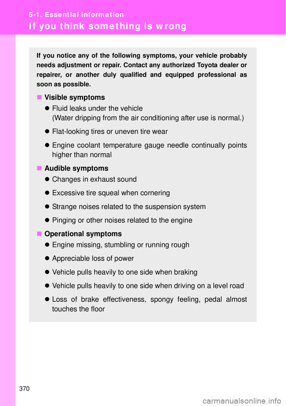 TOYOTA GT86 2015  Owners Manual (in English) 370
5-1. Essential information
If you think something is wrong
If you notice any of the following symptoms, your vehicle probably
needs adjustment or repair. Contact any authorized Toyota dealer or
re