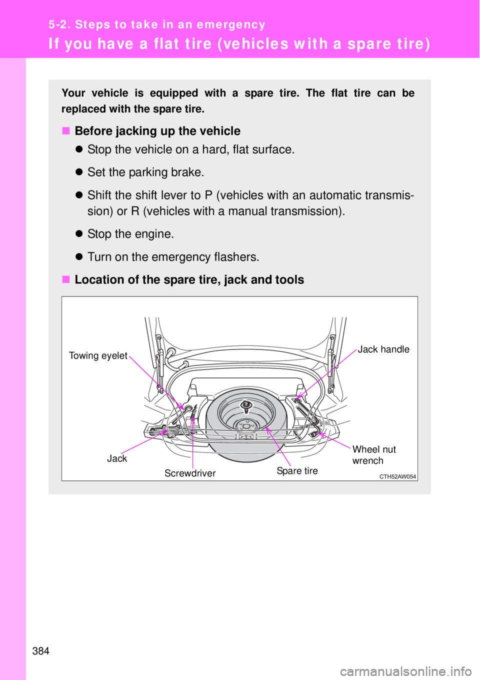 TOYOTA GT86 2015  Owners Manual (in English) 384
5-2. Steps to take in an emergency
If you have a flat tire (vehicles with a spare tire)
Your vehicle is equipped with a spare tire. The flat tire can be
replaced with the spare tire.
Before jac