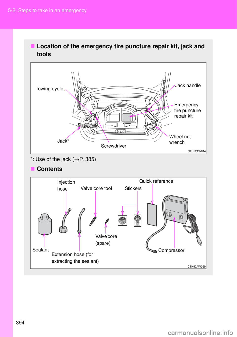 TOYOTA GT86 2015  Owners Manual (in English) 394 5-2. Steps to take in an emergency
Location of the emergency tire puncture repair kit, jack and
tools
*: Use of the jack (P. 385)
Contents
ScrewdriverEmergency
tire puncture 
repair kitJa