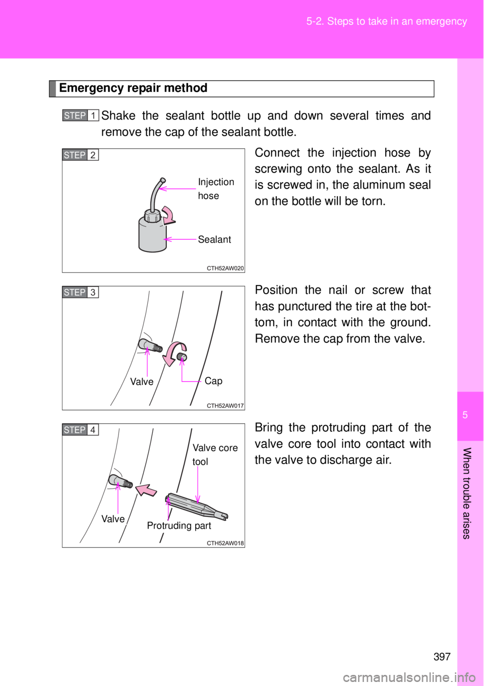 TOYOTA GT86 2015  Owners Manual (in English) 5
397 5-2. Steps to take in an emergency
When trouble arises
Emergency repair method
Shake the sealant bottle up and down several times and
remove the cap of the sealant bottle.
Connect the injection 