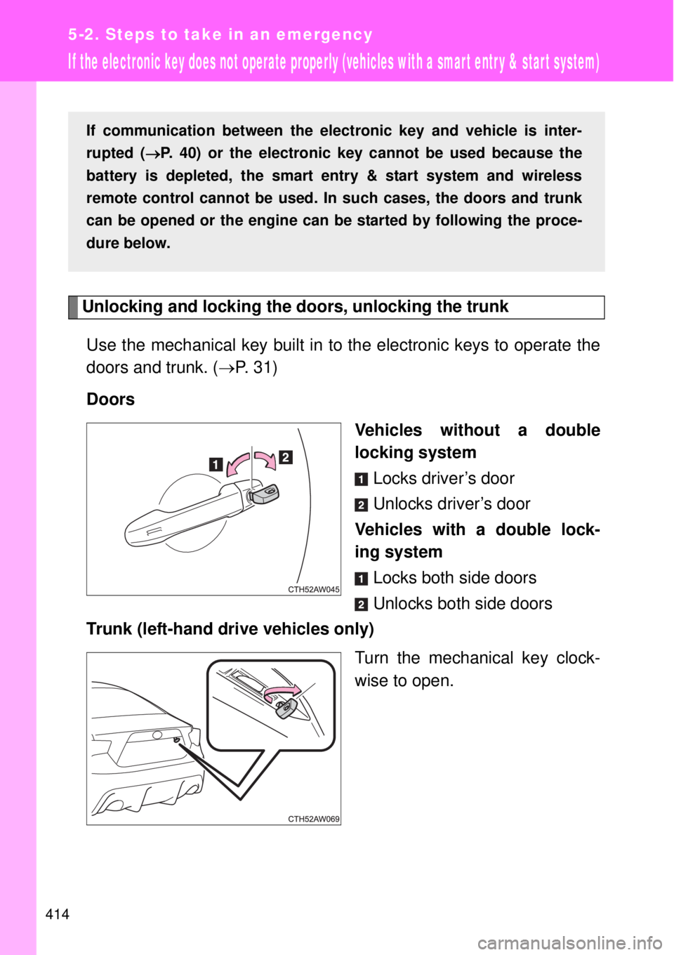 TOYOTA GT86 2015  Owners Manual (in English) 414
5-2. Steps to take in an emergency
If the electronic key does not operate properly (vehicles with a smart entr y & start system)
Unlocking and locking the doors, unlocking the trunk
Use the mechan