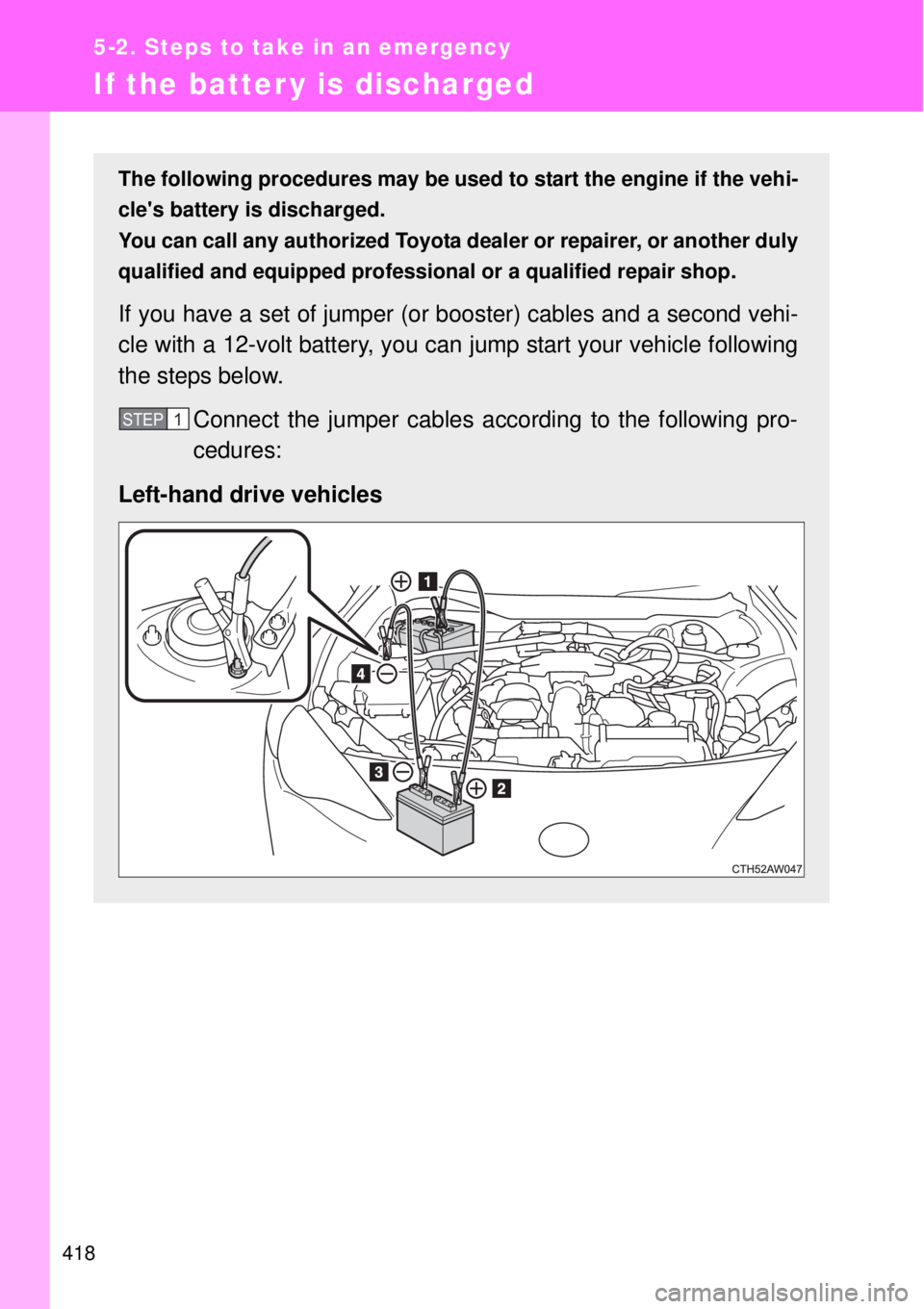 TOYOTA GT86 2015  Owners Manual (in English) 418
5-2. Steps to take in an emergency
If the batter y is discharged
The following procedures may be used to start the engine if the vehi-
cles battery is discharged. 
You can call any authorized Toy
