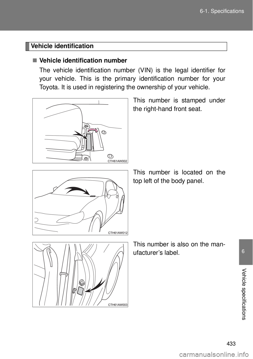 TOYOTA GT86 2015  Owners Manual (in English) 433 6-1. Specifications
6
Vehicle specifications
Vehicle identification
Vehicle identification number
The vehicle identification number (VIN) is the legal identifier for
your vehicle. This is the p