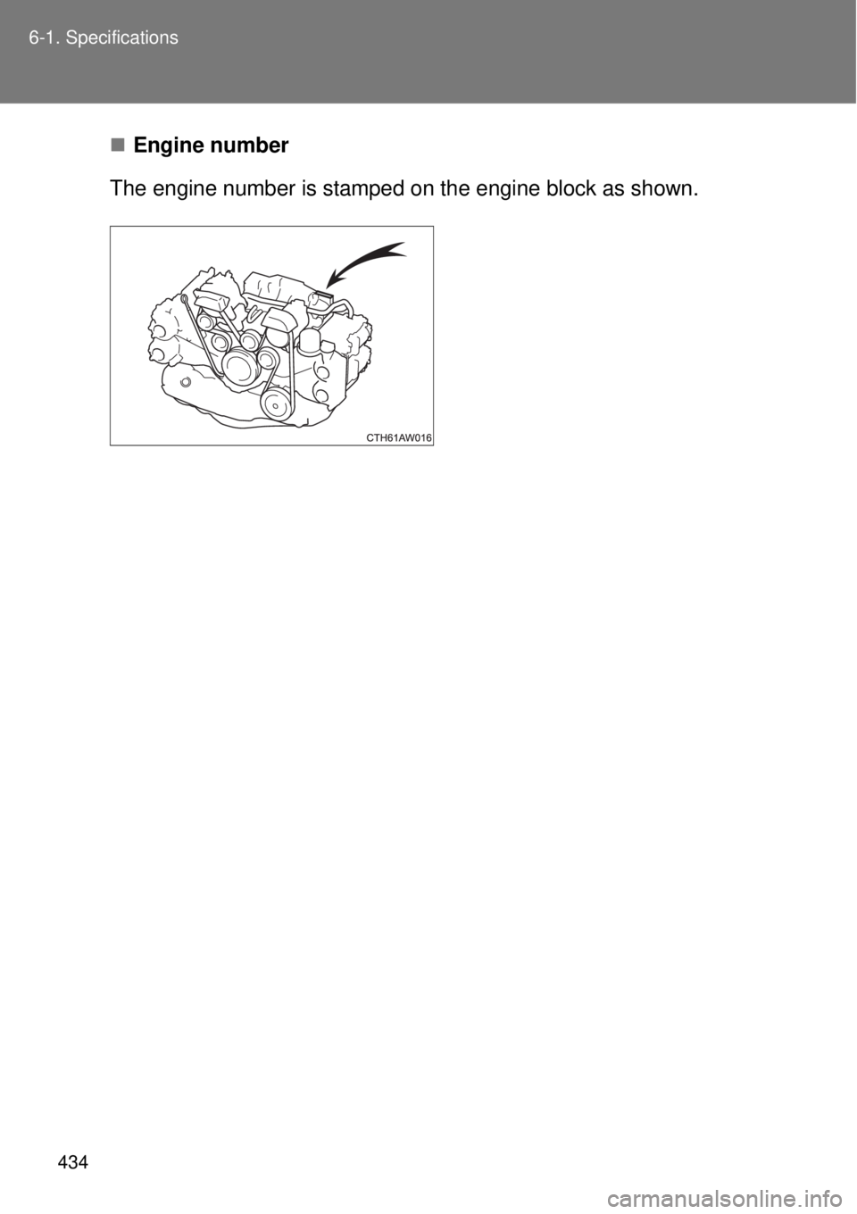 TOYOTA GT86 2015  Owners Manual (in English) 434 6-1. Specifications
Engine number
The engine number is stamped on the engine block as shown. 